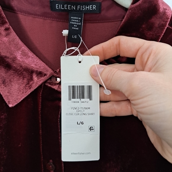 Eileen Fisher velvet classic collar long shirt deep claret Large NWT - Picture 7 of 8